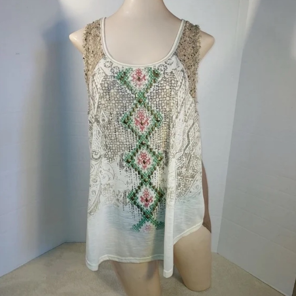 Miss Me White and Green Embellished Tank Top